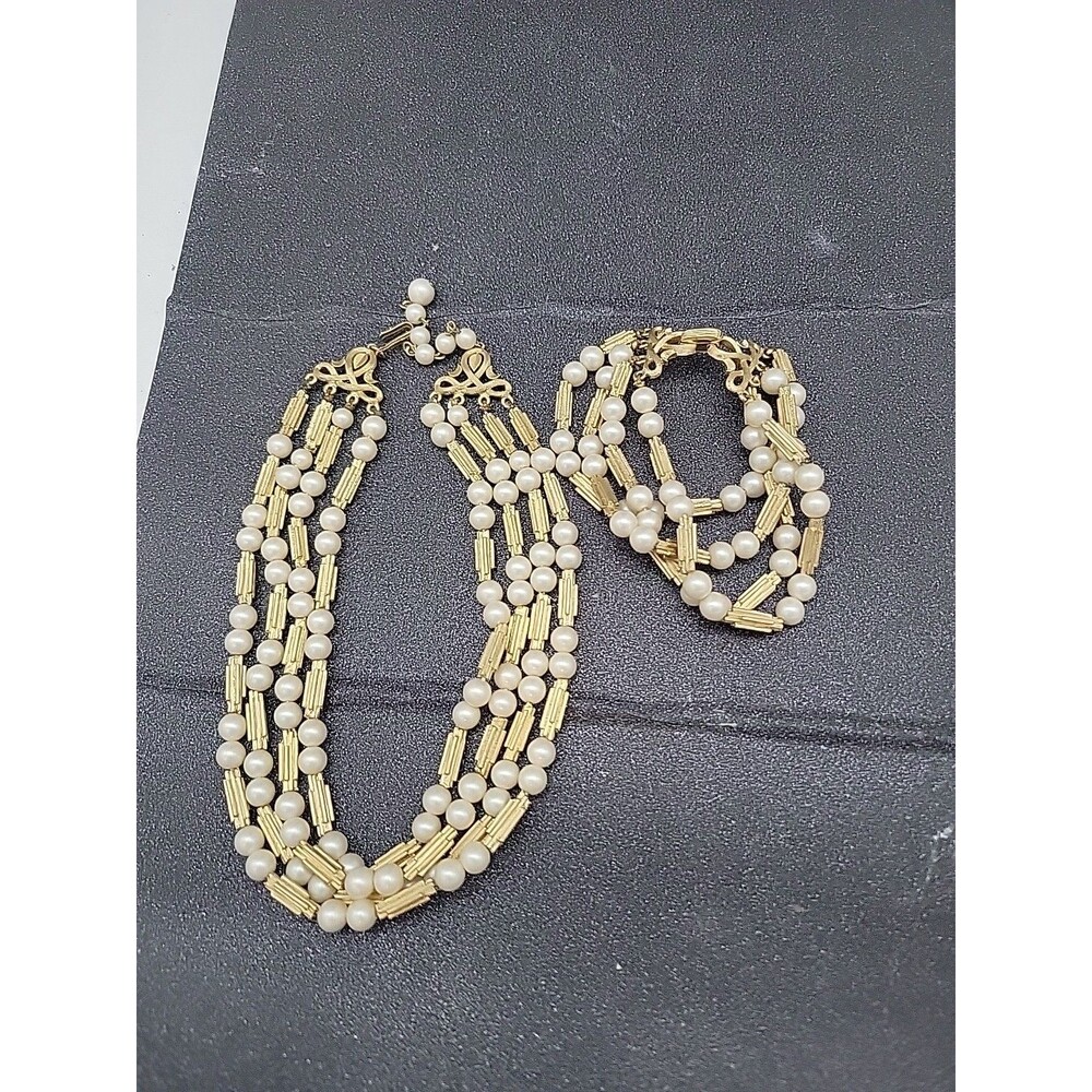 Vtg Crown Trifari Faux Pearl & Goldtone Multistrand Necklace Bracelet Set 1950s